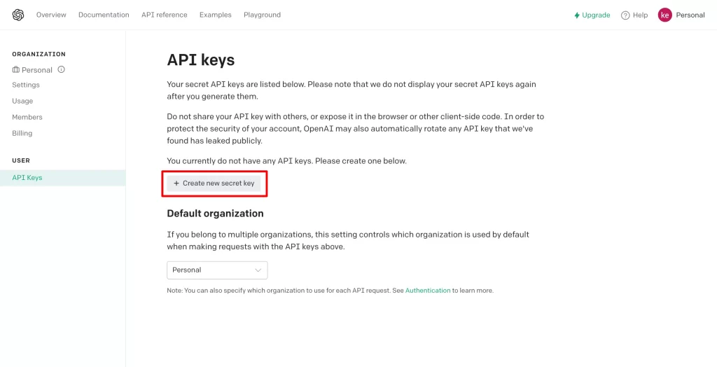 chatGPTのAPIを使うためにサインアップし、API keyを手に入れる